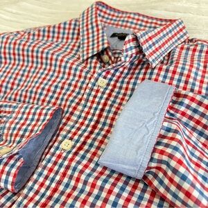 Banana Republic Large Button Down Dress Shirt Slim Fit Soft Wash Red Blue Check